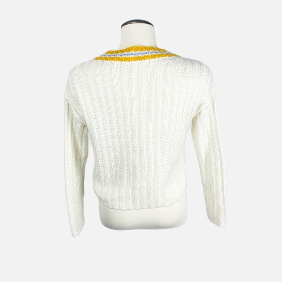✨ Filocaly White Knit Cropped Sweater w/ Mustard & Blue Stripe V-Neck (S) ✨ - Picture 3 of 7
